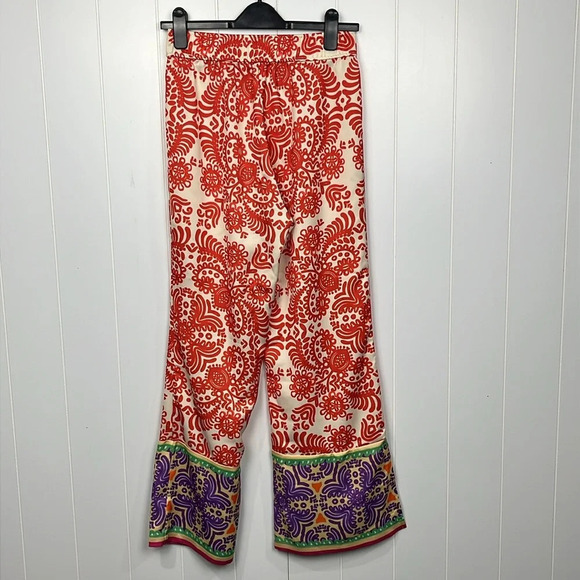 Zara Womens Pants M Gold Red Purple Wide Leg Flare Boho Stretch Waist side Vents - Picture 8 of 14